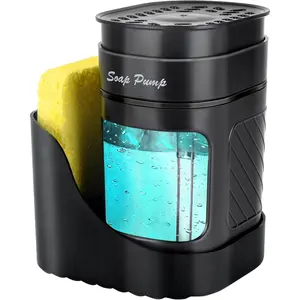 3-in-1 Dish Soap Dispenser with Sponge Holder for Kitchen Sink(Includes One Sponge), Kitchen Soap Dispenser Set - Black