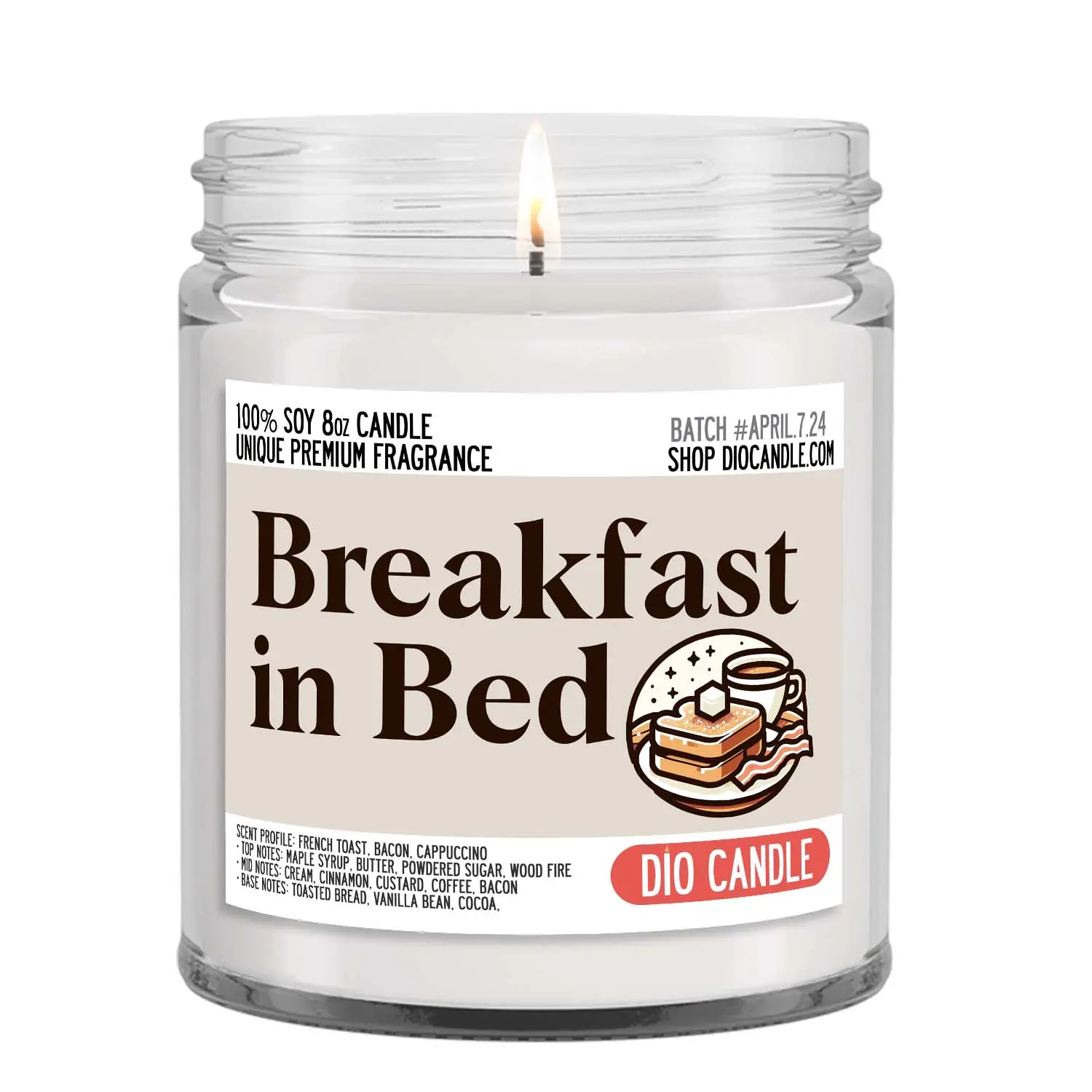 Breakfast in Bed Scented Candle Smells Like French Toast - Bacon - Cappuccino - Decor Aroma Fragrance - Glass Jar