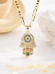 Fashion Hip Hop Fatima Pendant Necklace, Classic Middle Eastern Style, Copper Plated 14k Gold, Zircon Eye Charm, Women's Jewelry Gift, Trendy Necklace