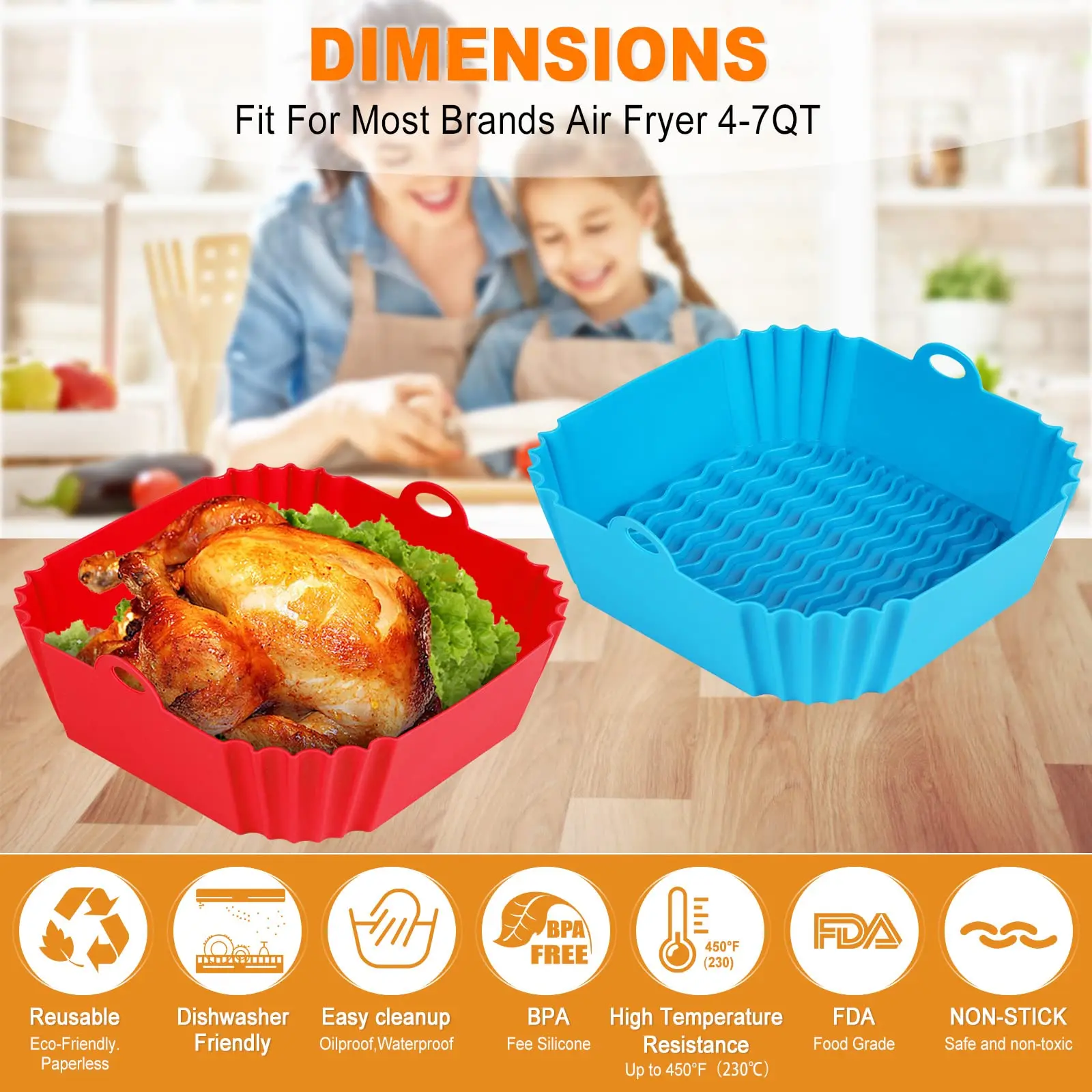 8”Square Silicone Unbleached Heavy Duty Air Fryer Liners Reusable Air Fryer Pot Non-Stick & Non-Leak Liners for 4 to 7 QT Airfryer Basket, Deep Fryer Parts & Accessories