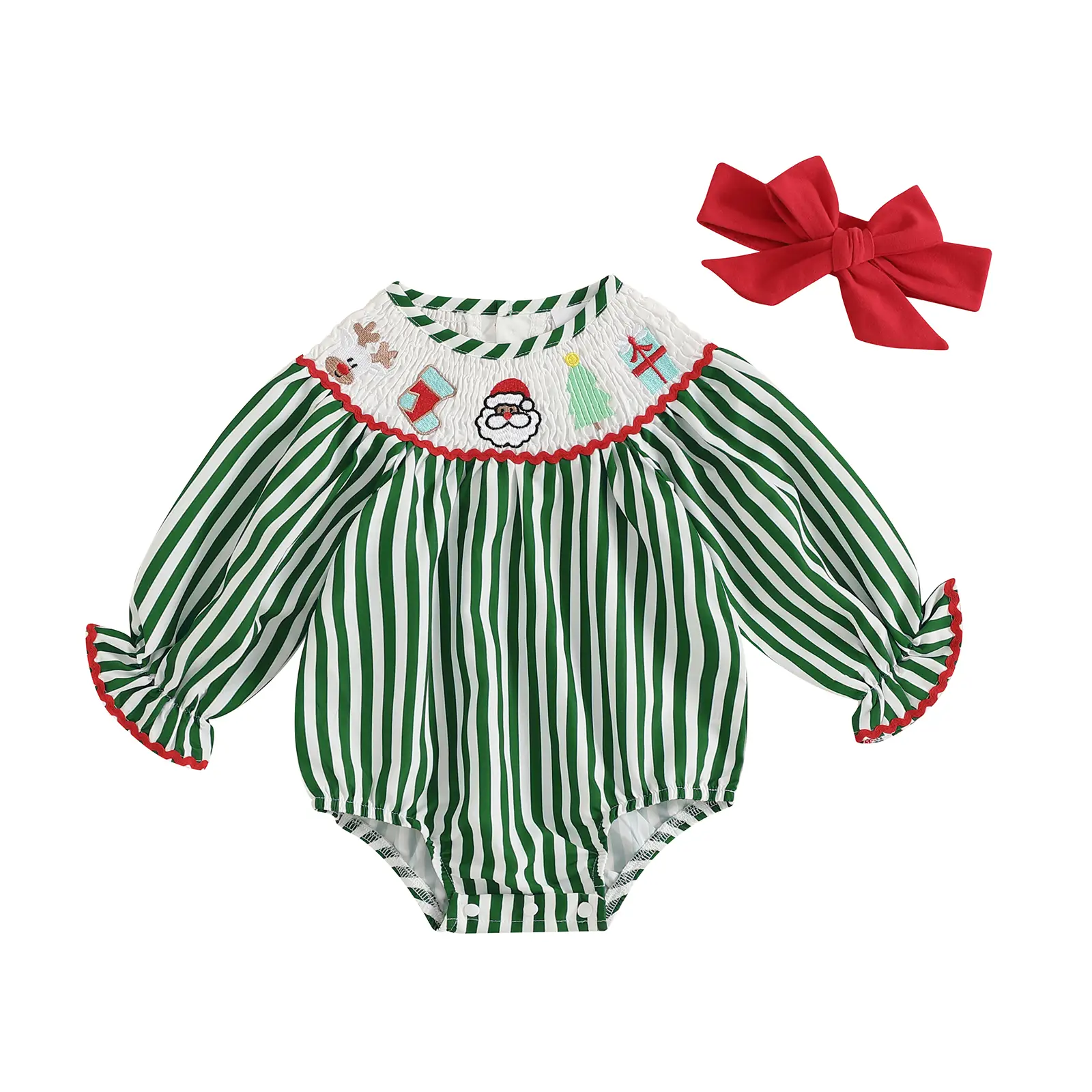 Baby Girls Christmas Outfit Bubble Romper Embroidery Striped Print Long Sleeve Jumpsuits and Cute Santa Clothes for Toddler Outfits With Headband
