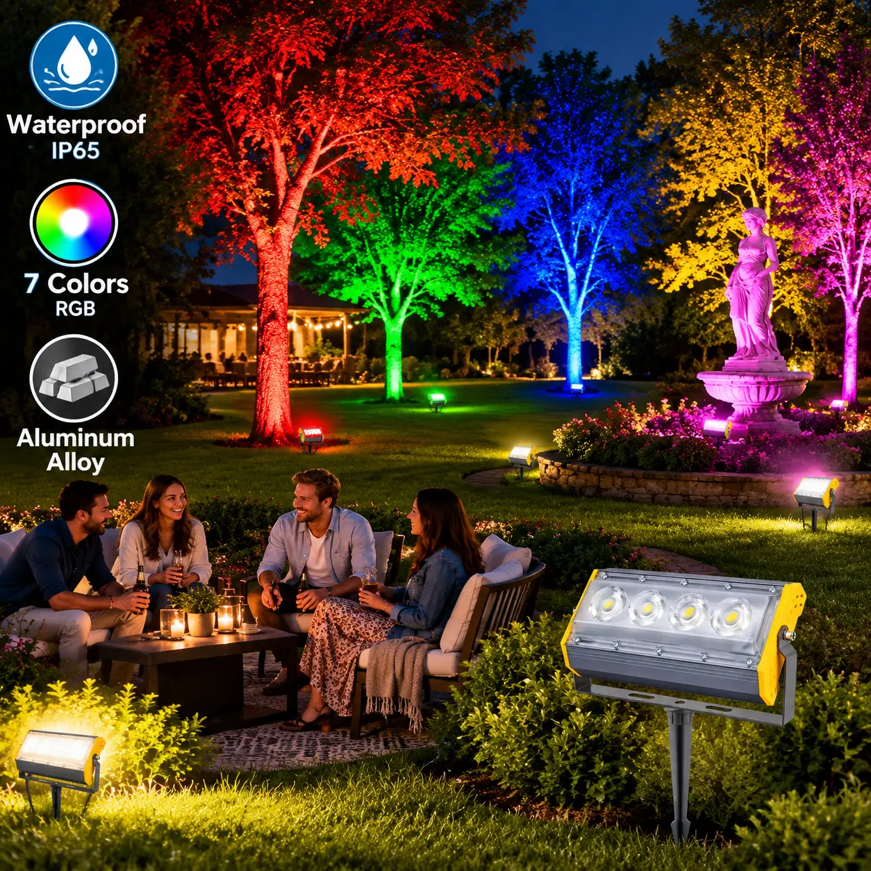 XN Automatic Gradient Aluminum Alloy Outdoor Floodlight-Spotlight, 2/4/6-Pack 5000 Lumen 4-Color LED Bulbs, AC 110V IP65 Waterproof Decorative Lamps, Plug-in Ground Design with Ground Stakes, for Gardens, Holiday Gatherings,home decor