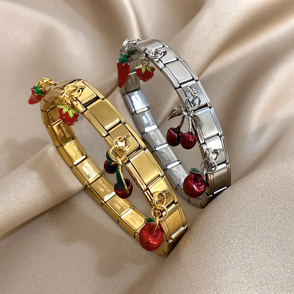 Cute 3D Mixed Fruit Dangle Charm Bracelet, Stainless Steel Italian Stretch Expansion Band, Y2K Coquette Cherry Strawberry Apple Jewelry Gift men