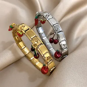 Cute 3D Mixed Fruit Dangle Charm Bracelet, Stainless Steel Italian Stretch Expansion Band, Y2K Coquette Cherry Strawberry Apple Jewelry Gift men