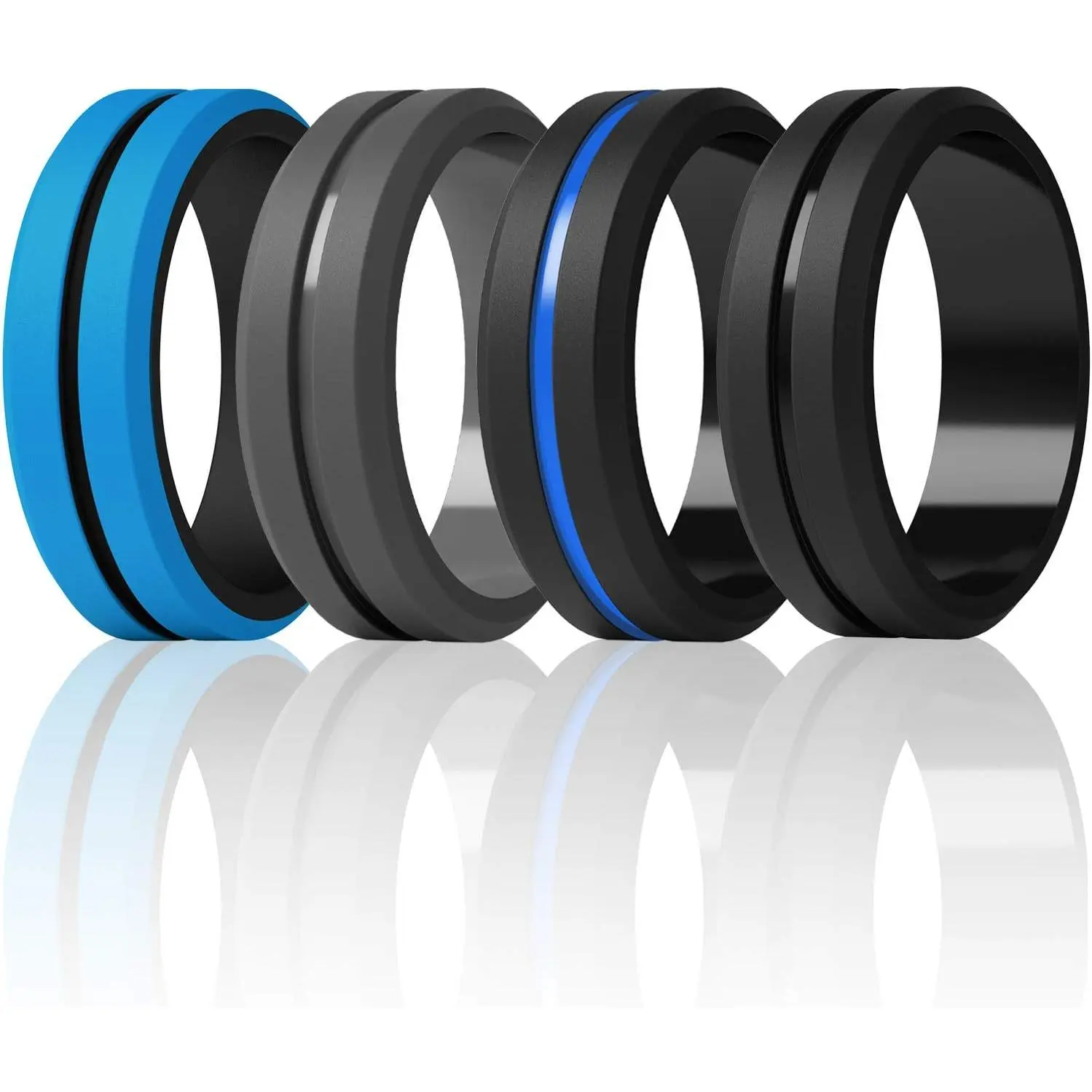 Men's Silicone Wedding Bands, 8.2mm Brushed Top with Engraved Line, Flexible Hypoallergenic Stackable Ring Multipack for Work & Active Lifestyles, Stackable Rings