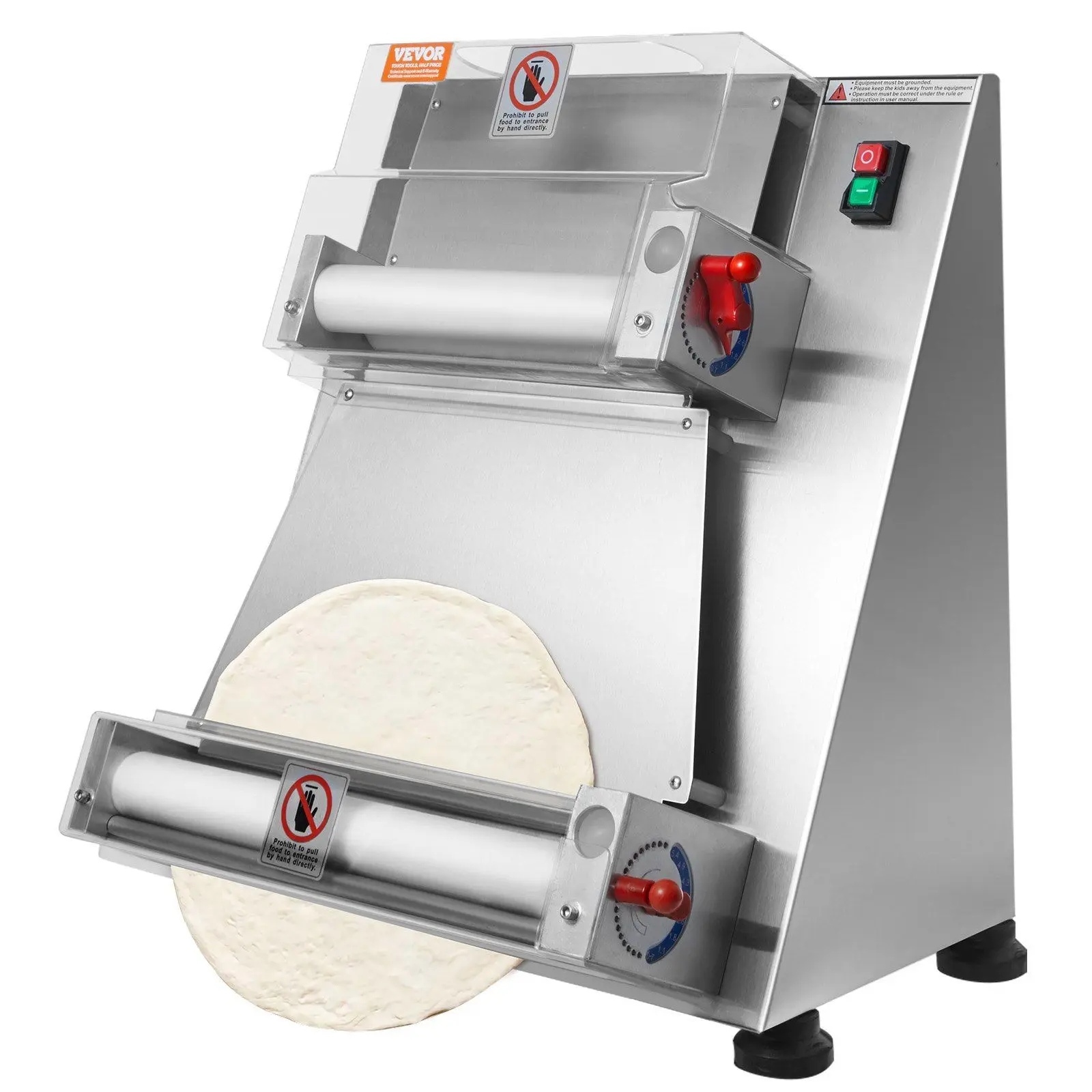 VEVOR Commercial Automatic Pizza Dough Roller Sheeter, 3-15 In Adjustable Width/Thickness, 390W Electric 260 Per Hour Press, Food Grade Resin-Stainless Steel Machine with Manual Flip & Rollers Cover for Bakeries Pizza Making