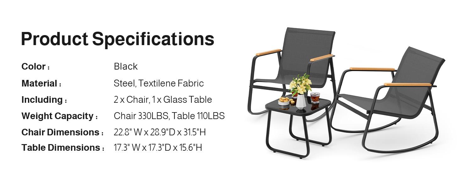 Gizoon 3 Piece Rocking Bistro Set, Textilene Fabric Patio Furniture Set, Front Porch Rocker Chairs with Coffee Table for Lawn, Garden, Balcony, Poolside (Black) Gizoon 3 Piece Rocking Bistro Set, Textilene Fabric Patio Furniture Set, Front Porch Rocker Chairs with Coffee Table for Lawn, Garden, Balcony, Poolside (Black)