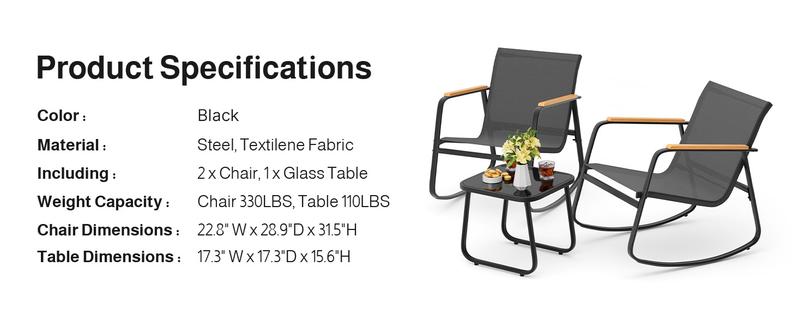 Gizoon 3 Piece Rocking Bistro Set, Textilene Fabric Patio Furniture Set, Front Porch Rocker Chairs with Coffee Table for Lawn, Garden, Balcony, Poolside (Black)