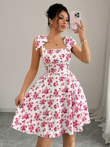 New Ditsy Floral Tie Shoulder Bowknot Waist A Line Casual Elegant Vacation Mini Dress For Women Red Square Neck High Waist Flared Hem Sleeveless Slim Fit