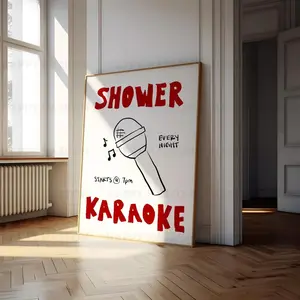 Bathroom Art Print Poster Shower Karaoke Print Red Bathroom Retro Wall Art Trendy Printable Aesthetic Wall Art Poster Shower Art Print