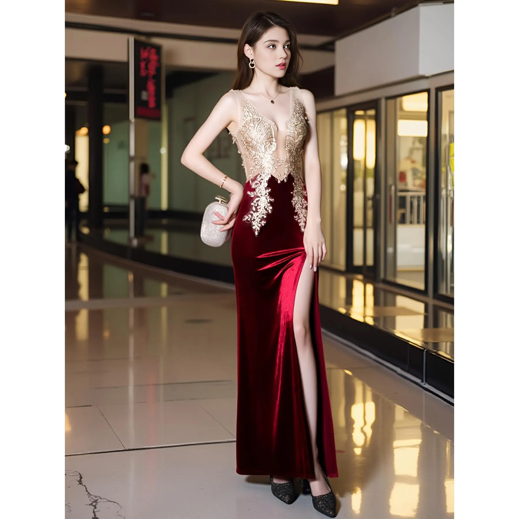 Women's Formal Velour Knit Gown - Formal Wear, Fitted Party Dress, Elegant V-Neck Sleeveless Plain Semi-Sheer Bodycon Maxi with Side Slit, Zipper Detail, Long Length