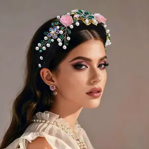 Jeweled Headband for Women, Emerald Green Crystal Flower and 3D Pink Rose Padded Crown, Vintage Baroque Floral Hair Accessory for Weddings, Galas, and Formal Events