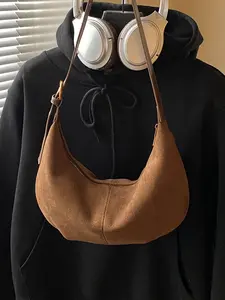 Women's Plain Velvet Hobo Shoulder Crossbody Bag, Crescent Bag, Adjustable Strap, Zip Closure, Perfect for Office, School, Work, Travel