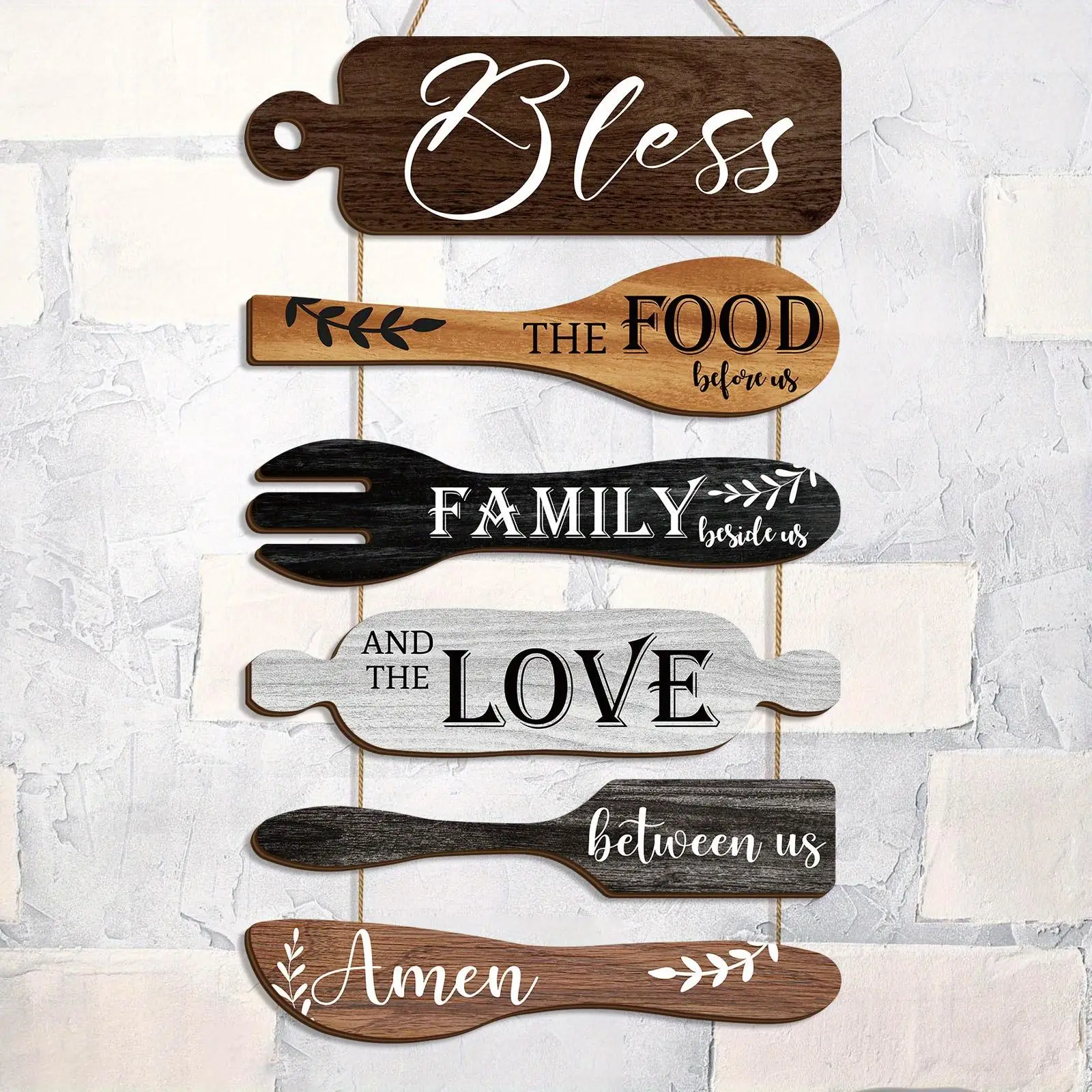 Wooden Kitchen Wall Decor, 1 Set Letter & Kitchen Utensils Pattern Wall Art with Rope, Wall Decor for Home Kitchen Dining Room