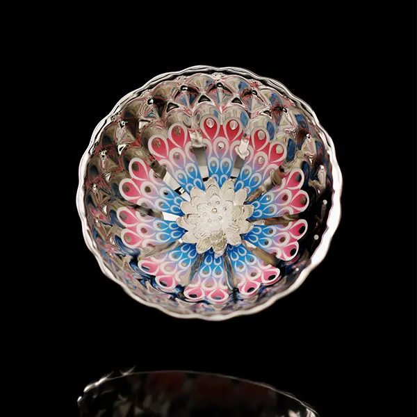 Handcrafted Silver-Base Jianzhan Kung Fu Cup - High-Temperature Fired Ceramic Tea Cup, Stylish Drinkware with Blue-Pink Gradient Petal Pattern, Lotus Filigree Base, Chinese Cultural Collectible Artware