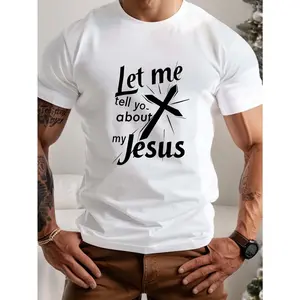 plus size men's summer t-shirt, Cross Jesus  graphic print short sleeve tees trend casual tops for daily life, big & tall guys