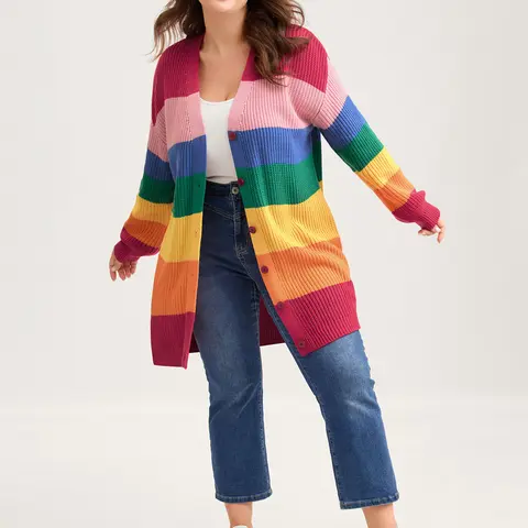 BloomChic Women's Bold Colorblock Oversized V-Neck Acrylic Cardigan - Casual Drop-Shoulder Full-Sleeve Button-Front Garment, Plussize, Multicolor, Quick On-Off Drape Knitwear Fabric, Low Iron Casual Fashion Jumper，SohoChic
