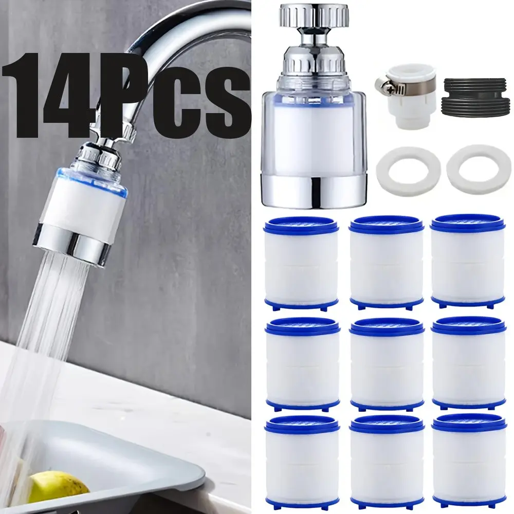 14-Piece Kitchen Faucet Water Filter Set, Includes 1 Filter Head + 9 Replacement Filters + 4 Installation Accessories, Compatible with Standard Threads, Water Filter System, Water Filter for Sink Faucet