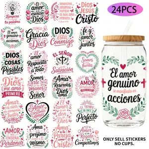 UV DTF Transfer Stickers - 24 pieces/set, Spanish Bible Phrases God Theme, UV DTF 16OZ DIY transfer stickers suitable for 16-ounce water bottles, glass bottles, laptops, home decoration DIY, high-viscosity transfer paper, Sticker Packs
