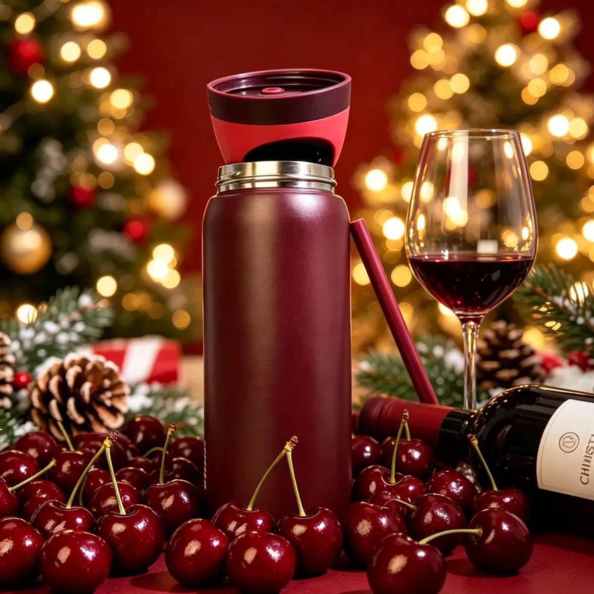 OW(Black Cherry) 32oz/945ml 304L Stainless Steel Luxury Double Cup Vacuum Tumbler, Bike-Ready Bike-Mount Ice Cup, Leak-Proof Snap Ring Travel Drinkware for Bicycles, 4th July Decor, Great for Camping Trips