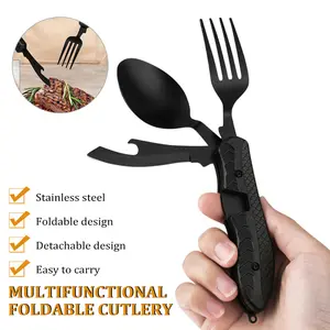 4 In 1 Camping Picnic Travel Folding Utensils Spoon Fork Knife Bottle Opener Set