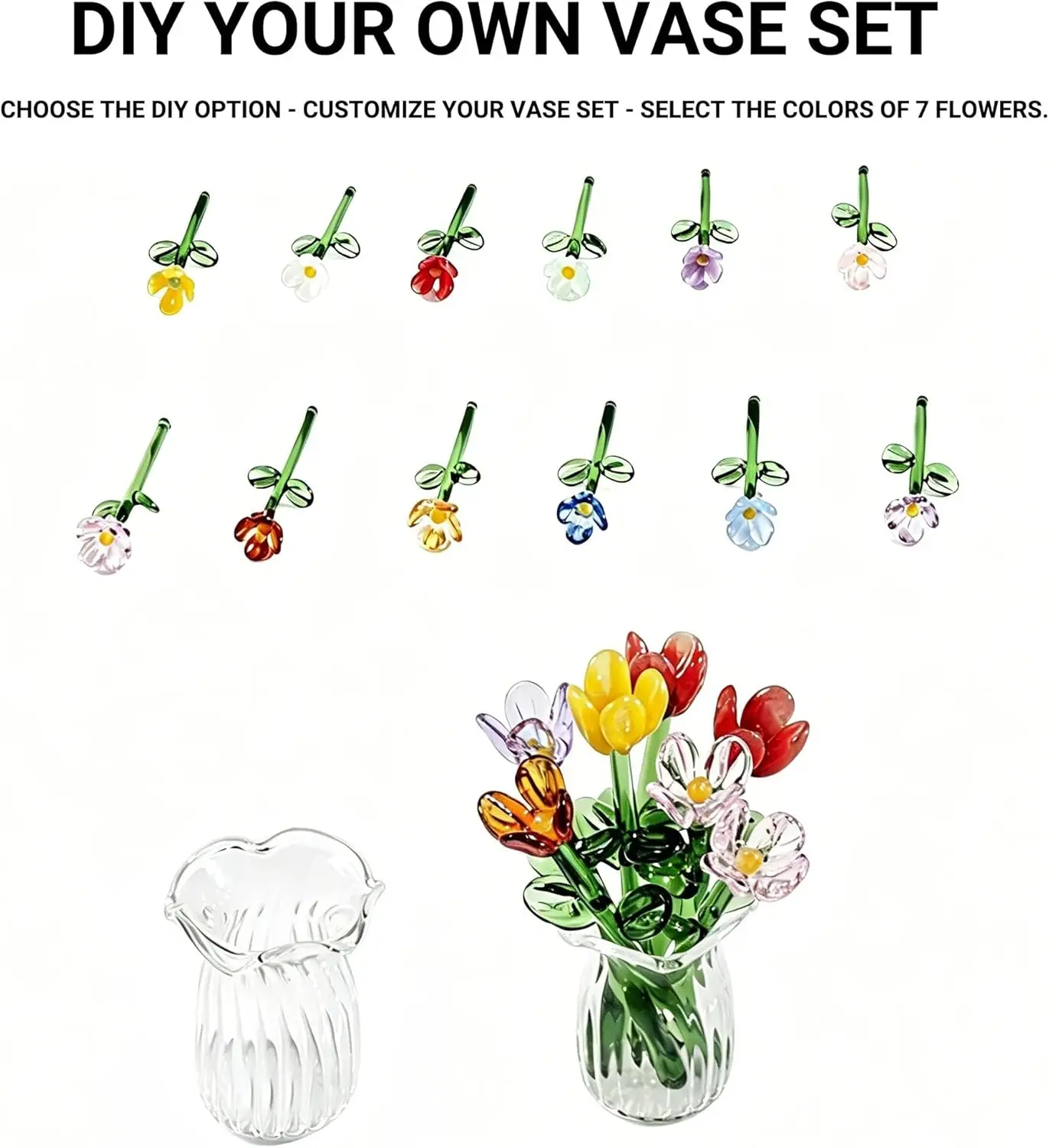 1 set (8 flowers + 1 vase): glass artificial flower decoration ornament, handmade mini glass flowers, DIY bouquet arrangement, mixed artificial flowers, decorative bouquet, suitable for gifting and event use