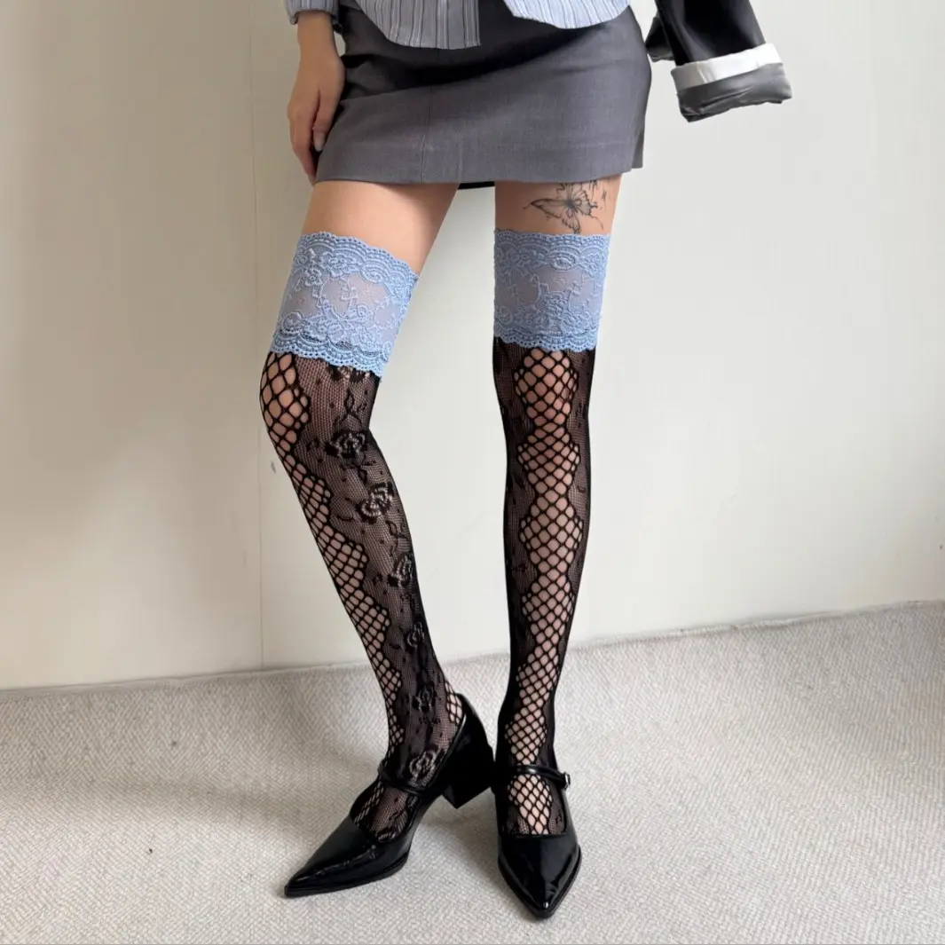 Blue Lace Contrast Color Hollow Flower Jacquard Fishnet Stockings Thigh High Socks Over-the-Knee Slouch Socks Layered Wear