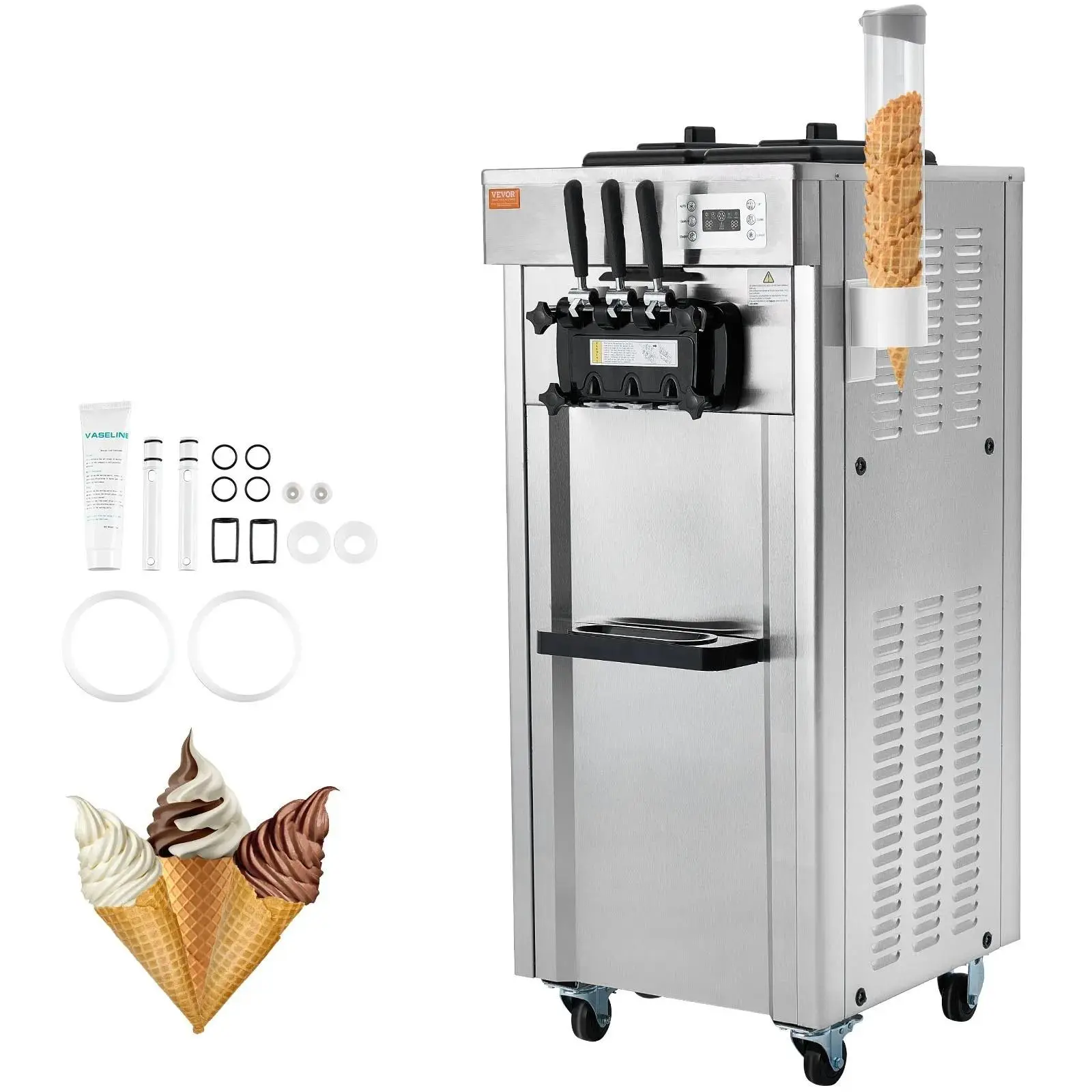 【Summerfinds】VEVOR 1850W Commercial 3-Flavor Soft Ice Cream Machine, 5.3 to 7.4 Gal per Hour, Night Precooling, Automatic Clean, LCD Panel, Silver for Restaurants, Snack Bars, 3 Flavors