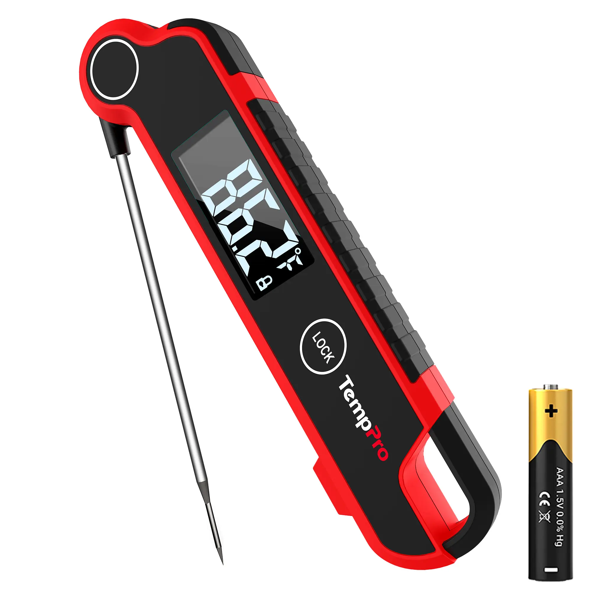 TempPro Digital Meat Thermometer (TP620) - 0.5s Instant Read, Stainless Steel, Batteries Included, Auto-Rotating Display, Backlight, Magnetic, Waterproof, Large 2" LCD, Temp Lock Away Heat, Single Unit Compact Kitchen Utensil for Cooking, Grilling