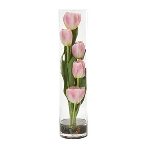 18" Tulips Artificial Arrangement in Clear Cylinder Vase" 18" Tulips Artificial Arrangement in Clear Cylinder Vase"