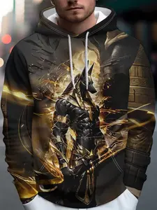 Men's Street Style Hooded Sweatshirt, Anubis Graphic Design, Gold Armor, Casual All-Season Wear, Loose Fit, Trendy Fashion