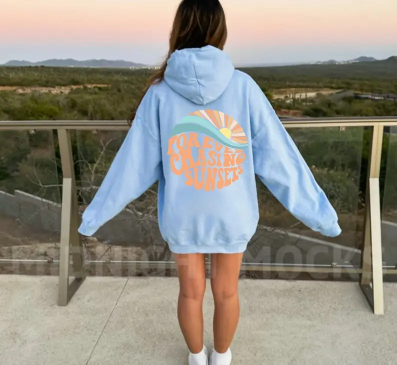 Forever Chasing Sunset Hoodie, Beach hooded sweatshirt, Oversized Hoodie, Aesthetic Hoodie, Words On Back, Trendy Hoodie, Wavy words