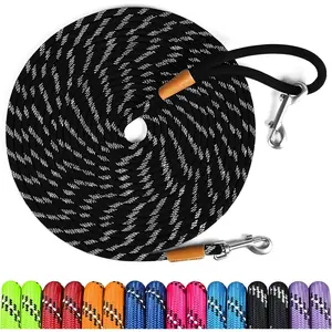Long Dog Leash Reflective 15ft 30ft 50ft Check Cord Training Lead Padded Handle Heavy Duty Rope for Puppy Small Medium Large Dogs (Black, 30ft x 3/8inch)