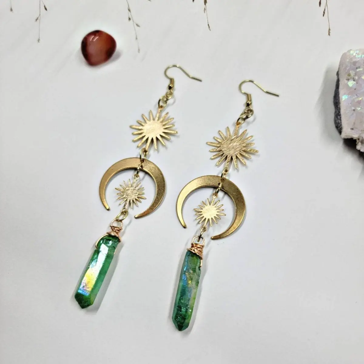 Celestial Hoop Earrings for Women with Quartz Gemstone, Bohemian Sun & Moon Dangle Charms, Copper Spiritual Festival Jewelry, Accessories For Women, Spiritual Jewelry, Crystal Dangles, Festival Wear, Bohemian Sunmoon, Copper Metal, Dangling Hoops