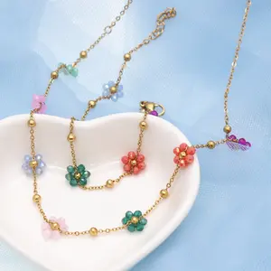 Vintage Color Flowers Beaded Necklace Bracelet Dopamine Girl Little Flower Choker Titanium Steel Summer Clavicle Chain Special Gift for Her as a Birthday Gift