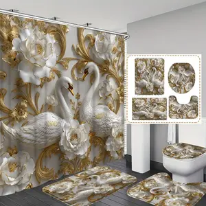 Valentine's Day Plant Floral Swan Print Shower Curtain Set, Includes 12 Hooks, Non-Slip Bath Mat, U-Shaped Floor Mat, Toilet Seat Cover