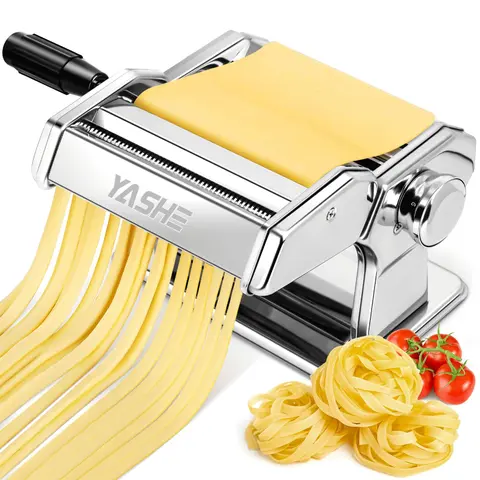 YASHE Sturdy 2-in-1 Stainless Steel Pasta Maker Machine with Aluminium Components - Thickness Adjust Settings, Roller, Slicer, Dual-Width Noodles, Stable Clamp, Cleaning Kit (Keeps Upkeep Simple) for Spaghetti/Sheets, All Ages Kitchen Gadget