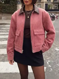 Women's Vintage Corduroy Leather Patchwork Loose Jacket, Long Sleeve Lapel Pocket Zipper Open Front Short Coat, Casual Streetwear Blouse, Outerwear