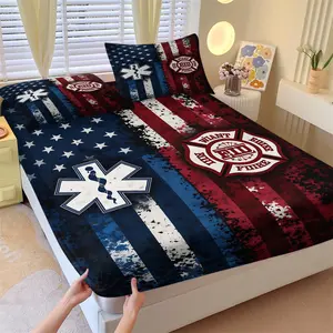 First Responder USA Flag Fitted Sheet Set, 1 Fitted Sheet + 2 Pillowcases, EMS Firefighter Emblem Patriotic Print Bedding, Soft, Comfortable & Breathable Microfiber, All Season Use, Deep Pocket, Non-Slip, Wrinkle & Fade Resistant