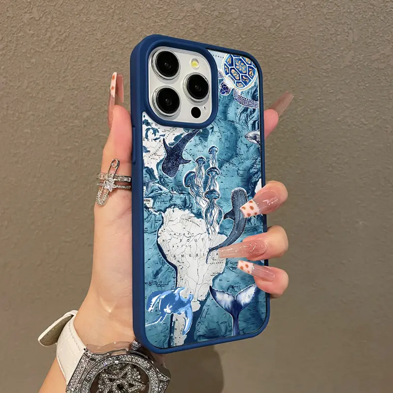 Adorable Magnetic Case for iPhone11/12/13/14/15/16/17/promax Ocean World Map MagSafe Compatible, Lightweight, Anti-Fall | Girly & Chic Style