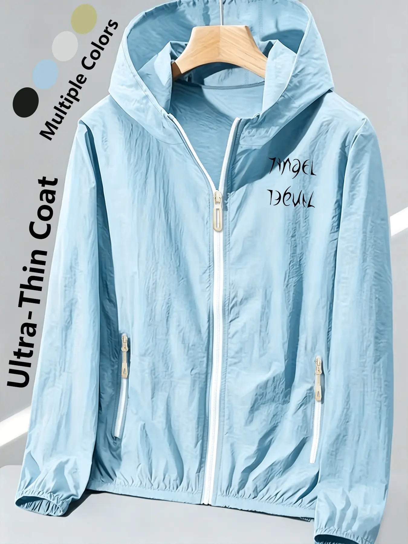 Women's Hooded Skin Coat with "Angel Devil" Print, Loose Slim Fit, Comfortable & Breathable, Lightweight, Quick-Drying, Skin-Friendly, for Daily Commute, Casual Outings & Outdoor Trips, Multiple Colors, All-Season Versatile Jacket