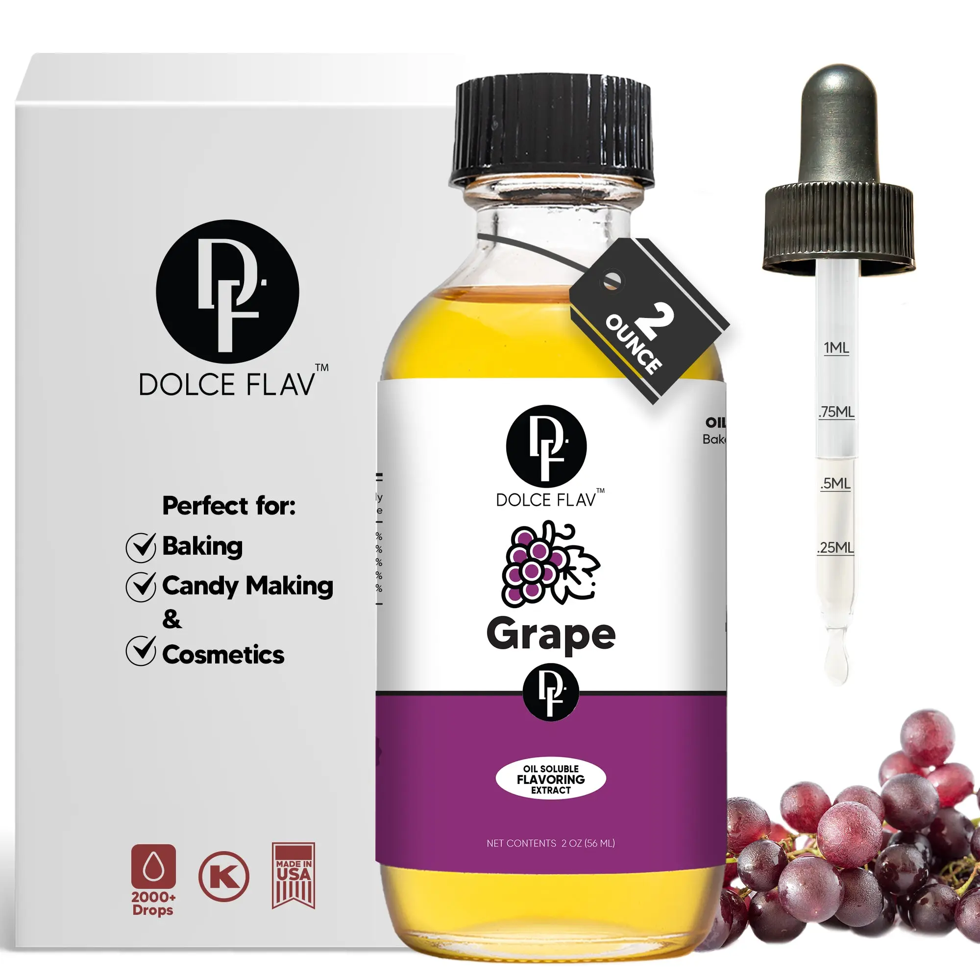 Dolce Flav 2 oz Oil-Soluble Grape Flavoring Extract - Natural Sweet Fruity Tangy Finish - Ideal for Baking Candy Cosmetics - 2000+ Drops per Bottle