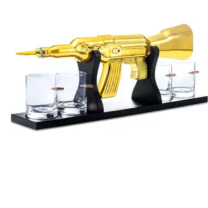 AK Gold Whiskey Decanter Set With 4 Bullet Whiskey Glasses - The Wine Savant, Gift For Fathers, Uncles, Sons - Veteran Gifts, Military Gift, Home Bar Gift