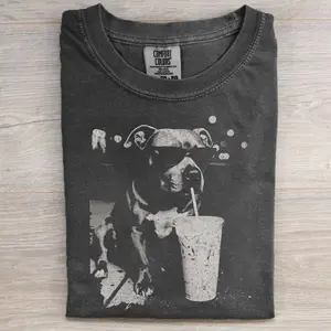Funny Pitbull Drinking Iced Coffee T-shirt, Vintage 90s Funny Bad Dog Graphic Tee, Dog Lover Gift, Unisex Fit Design, Gift for Men and Women