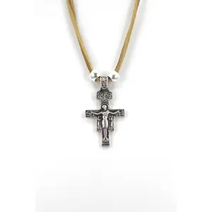 Vintage The San Damiano / San Francisco Cross Necklace Handmade Jewelry with Genuine Leather Strap by Graciela's Collection