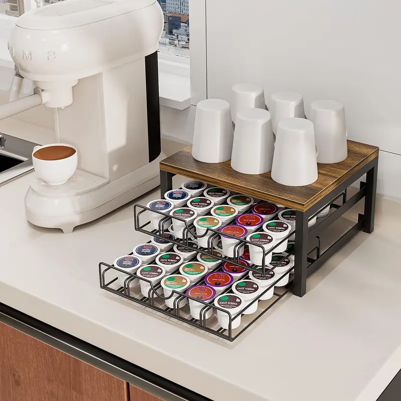 Coffee Pod Holder Drawer 1 Tier 2 Tier for K Cup Capsule Pods Storage Organizer Under Coffee Pot Storage Sliding Drawer Shelf