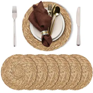 Set of 6 Round Woven Placemats 12 Inches Bulrush Placemats Natural Hand-Woven Boho Rattan Placemats Wicker Table Mats Farmhouse Weave Place Mats for Home Dining Table
