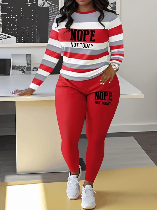 Two-piece Set Women's Striped and Letter Print Tee & Elastic Waist Pants, Casual Long Sleeve Top & Trousers for Spring & Fall, Women's Clothes for Daily Wear, Casual Outfits Women