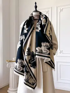 Women's Floral Print Double Sided Scarf, Thick Woven Fabric, Elegant Fitted Design, Perfect for Fall & Winter Daily Wear, Warm Spring Summer Use