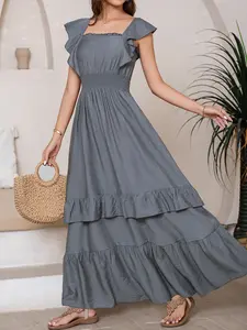 Elegant Women's Woven Dress, Preppy Style Square Neckline, Fitted Design with Puff Sleeves & Tiered Ruffle Hem, Perfect for Summer, Womenswear